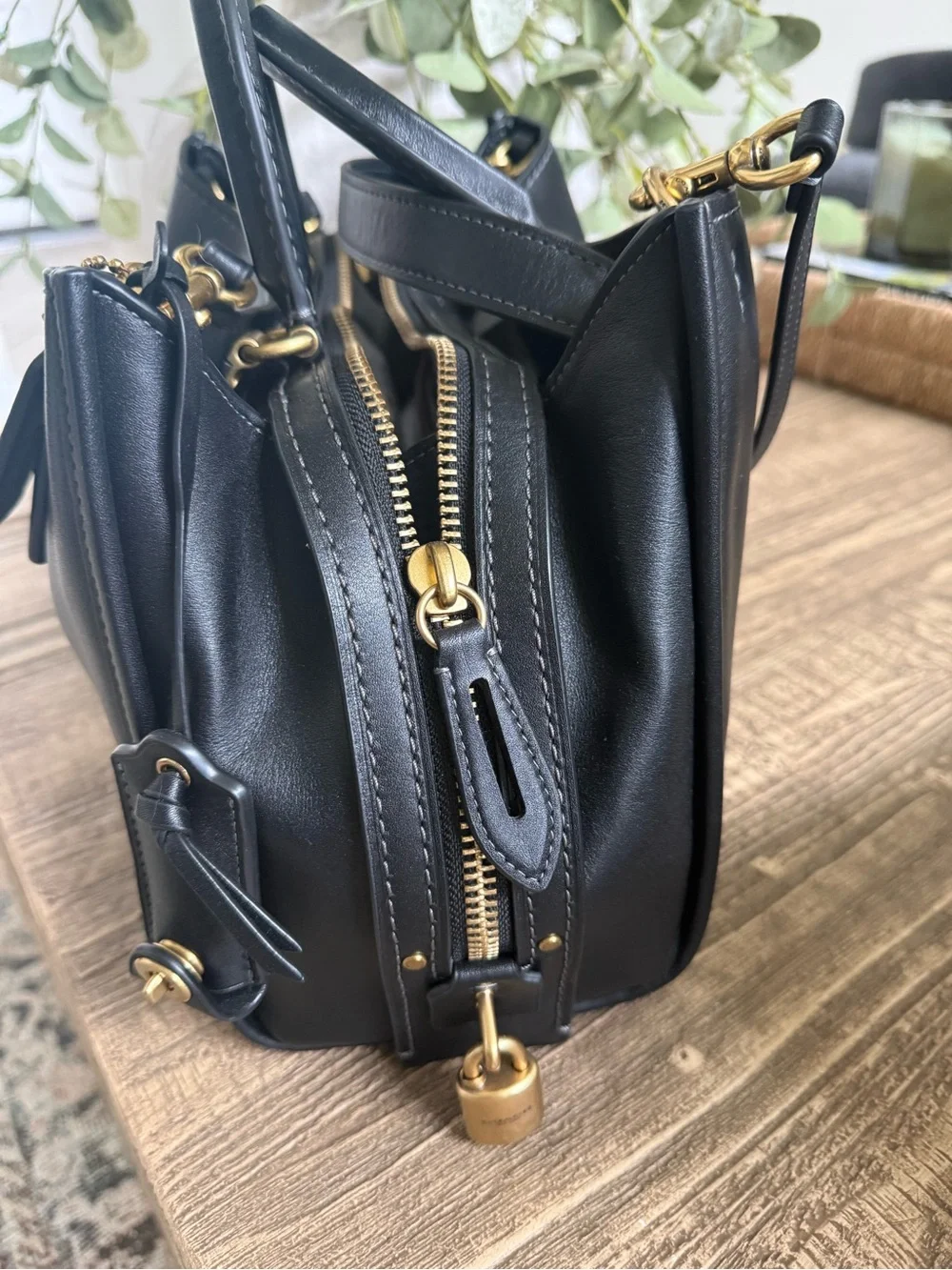 Coach Navy Black Leather Satchel with Gold Hardware
